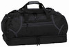 A black duffle bag with multiple zippered compartments and carry handles, featuring a logo.
