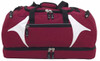 A maroon duffle bag with white accents, featuring multiple zippered compartments and a logo.