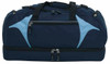 A navy duffle bag with light blue accents and multiple zippers, featuring carry handles and a logo.