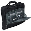 A black garment bag featuring multiple compartments, including space for a laptop, pens, and other accessories.