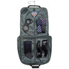 A green garment bag with compartments for ties, socks, a watch, shoes, and a hanger. It features a logo.