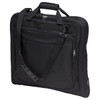 A black Transporter Garment Bag with multiple compartments and a shoulder strap, featuring a handle for easy carrying.