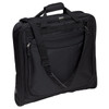 A black Transporter Garment Bag featuring handles and an adjustable shoulder strap, with a zippered opening and front pocket.