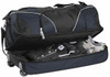 A wheeled travel bag in black, partially open, revealing grey and black clothing inside. It has a logo on the side.