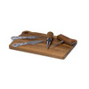 A cheese board set featuring a wooden board, two stainless steel knives, a corkscrew, and a wine pourer.