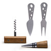 A cheese board set featuring two stainless steel knives, a corkscrew, and a wooden wine bottle stopper.