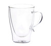 A clear glass coffee cup with a tapered shape and a handle, featuring a distinctive double-wall design.