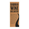 A Barolo wine decanter in abstract design, featuring a sleek black shape on a brown background. It includes a logo.