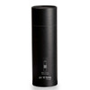 A drink bottle in a sleek black design with a cylindrical shape and a logo on the front.