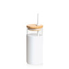 A drink bottle in white glass with a bamboo lid and a straw. Features a simple, modern design.