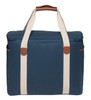 A navy cooler bag with cream straps and leather accents, featuring a zippered top and side pockets.