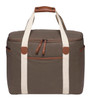 A brown cooler bag with cream handles and a zippered top, featuring a front pocket and a branded logo.