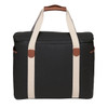 A black cooler bag with cream straps and a brown handle, featuring a zip closure and a logo.