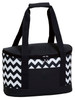 A cooler bag in black and white chevron pattern, featuring sturdy handles and a zippered closure.