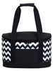 A round cooler bag featuring a black and white chevron design, with sturdy black straps and a zippered closure.