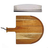 A wooden pizza peel with a curved edge and a stainless steel dough scraper, both featuring a natural finish.