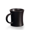 A black ceramic mug with a curved handle, featuring a sleek and modern design.