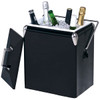 A drink bottle cooler in sleek black, filled with various bottles and ice, featuring a shiny handle and lid.