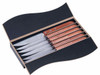 A steak knife set featuring six stainless steel knives with wooden handles, presented in a stylish black box.