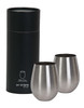 A set of two stainless steel stemless wine glasses in a black cylindrical packaging.