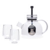 A clear glass teapot with a mesh infuser and two matching glass cups. The design is sleek and modern.