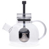 A clear glass teapot with a black infuser and a transparent lid, perfect for tea brewing.