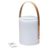 A white speaker lamp with a leather handle and a remote control, featuring a sleek cylindrical design.
