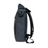 A grey roll top backpack with adjustable straps, zippers, and a branding logo on the side.