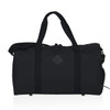 A black duffle bag with two sturdy handles and a branding logo on the front.