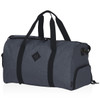 A grey duffle bag with black handles, featuring a logo and a sleek design.