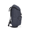 A dark grey backpack with a flap closure and front pocket, featuring adjustable straps and a logo.
