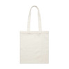 A cream tote bag with long handles, featuring a simple design and branded logo.