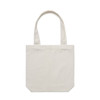 A beige tote bag with long handles and a simple design, featuring a logo.