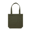 An olive green tote bag with two shoulder straps and a simple design. It features a brand logo.