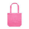 A pink tote bag with two shoulder straps and a simple design, featuring a logo.