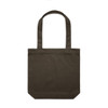 A dark brown tote bag featuring two shoulder straps and a simple design, with a logo on one side.