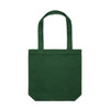 A green tote bag with two handles and a square shape. It features a branding logo on one side.
