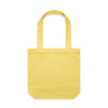 A yellow tote bag with two sturdy handles and a simple design. Features a branding logo.