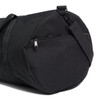 A black duffel bag featuring a zipped pocket and an adjustable strap. The bag has a simple design and branding.