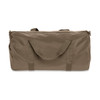 A khaki duffel bag with dual handles and a zip closure, featuring a simple design and a logo.