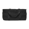 A black duffel bag with two handles and a zip closure, featuring a simple design and a logo.