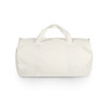A white canvas duffel bag with two handles and a zip closure, featuring a logo on the side.