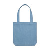 A light blue denim tote bag with two shoulder straps and a plain design. It features a logo on the side.