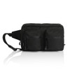 A black recycled double waist bag featuring two front zip pockets and an adjustable strap. It has a logo.