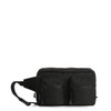 A black recycled double waist bag with two front zip pockets and an adjustable strap. It features a logo.