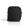A black recycled transit bag with an adjustable shoulder strap and a simple design. It features a branding logo.