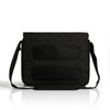 A black recycled messenger bag with two mesh compartments and an adjustable shoulder strap. Features a logo.