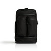 A black recycled travel backpack with multiple zippered pockets and a sleek design. It features a logo.