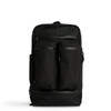 A black recycled travel backpack with multiple zippered compartments and a logo on the front.
