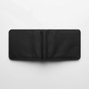 A black recycled fold wallet displayed open, featuring a textured surface and an interior without visible compartments.